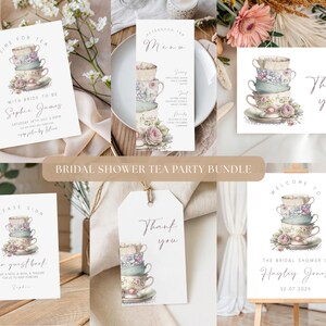 Afternoon Tea Bridal Shower BUNDLE | Vintage Teacup Tea Party Decor | Editable Invitation Set | Pastel Floral Theme | 235