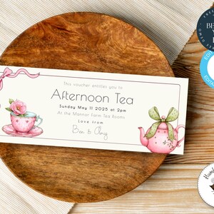 Voucher upominkowy na popołudniową herbatę - Voucher spersonalizowany - Baby Shower, wieczór panieński - High Tea - Urodziny lub Dzień Matki - Kupon do edycji - 336