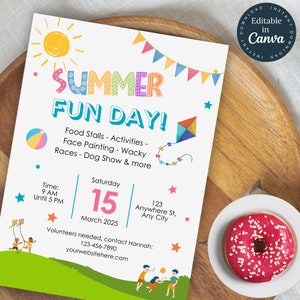 Puede incluir: Un folleto imprimible colorido para un evento de Día de Diversión de Verano. El folleto presenta un sol, una cometa, una pelota de playa y una pancarta de banderas. El texto en el folleto dice "¡Día de Diversión de Verano!" e incluye detalles sobre el evento, como la fecha, la hora, la ubicación y las actividades. El folleto también incluye una dirección de sitio web y un número de teléfono para voluntarios.