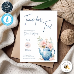 Bridal Shower Tea Party Invitation | Editable Mum to Be Afternoon Tea Invite | Printable High Tea Shower Template - Blue - 169