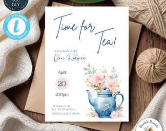 Bridal Shower Tea Party Invitation | Editable Mum to Be Afternoon Tea Invite | Printable High Tea Shower Template - Blue - 169