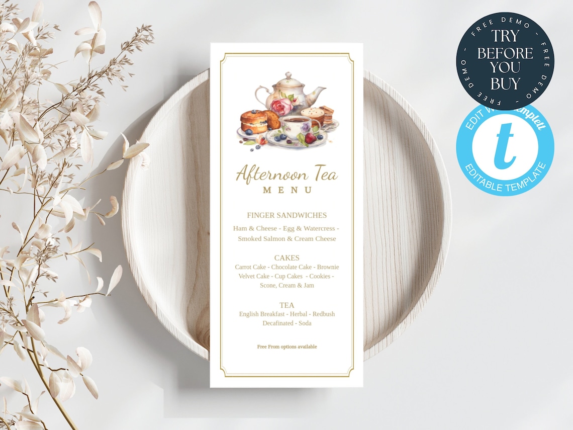 Spring Time High Tea Menu Card Classic Afternoon Tea Menu Template | Editable High Tea Menu ...