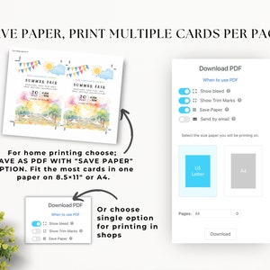 May include: A digital download for a printable summer fair invitation. The invitation features a watercolor illustration of a summer scene with a blue sky, white clouds, and a sun. The text "Summer Fair" is written in a colorful font. The invitation is available in two sizes: 8.5x11 inches or A4.