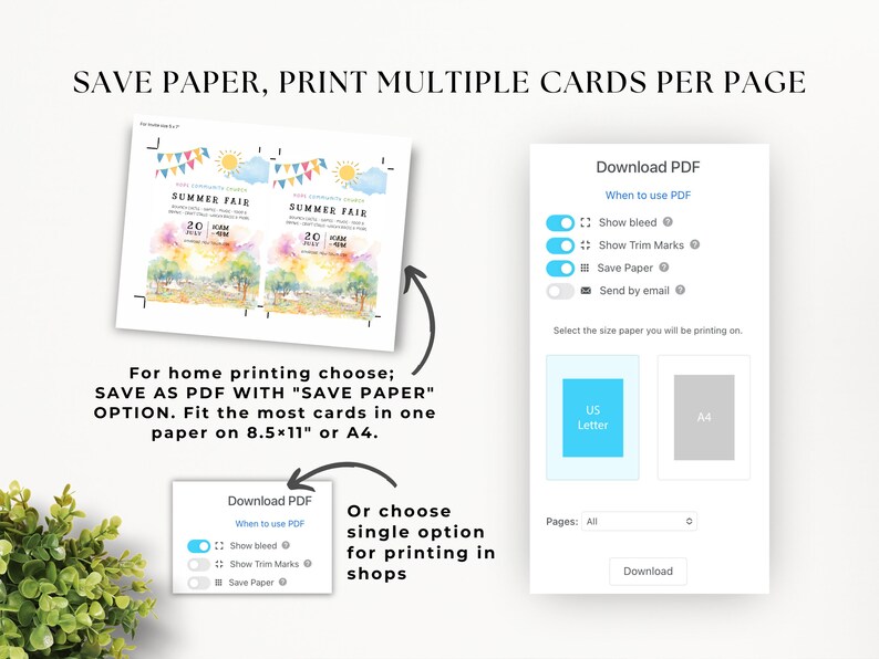 May include: A digital download for a printable summer fair invitation. The invitation features a watercolor illustration of a summer scene with a blue sky, white clouds, and a sun. The text "Summer Fair" is written in a colorful font. The invitation is available in two sizes: 8.5x11 inches or A4.