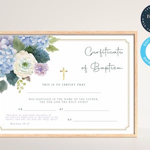Editable Baptism Certificate | Blue Hydrangea | Certificate Of Baptism | Christening, Baby Dedication | Printable Church Certificate | 205