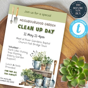 Editable Community Garden Clean Up Flyer Template | Gardening Event Poster | Litter Picking | Church, Charity, School PTA PTO Fundraiser 202
