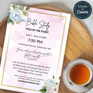 Invitation d&#39;étude de la Bible modifiable floral rose élégant | Groupe de prière | Église imprimable | Modèle d&#39;invitation | Invitation numérique | Code 100