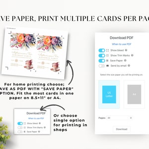 May include: A digital download for a printable invitation card with a watercolor floral design and text that says "Afternoon Tea Birthday Party". The image shows two cards on a white background. The text "Save Paper, Print Multiple Cards Per Page" is at the top of the image. The image also shows a screenshot of a digital download page with options to select the paper size and whether to show bleed, trim marks, and save paper.