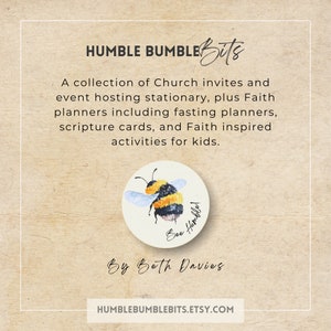K&ouml;nnte beinhalten: Cremefarbene Grafik mit dem Text "HUMBLE BUMBLE Bits". Das Bild enth&auml;lt eine Aquarellillustration einer Hummel und Text, der Einladungen f&uuml;r die Kirche, Planer, Schriftkarten und Aktivit&auml;ten f&uuml;r Kinder beschreibt. Die Etsy-Shop-URL ist ebenfalls enthalten.