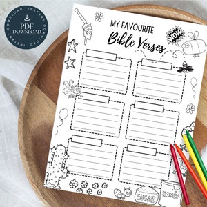 May include: A black and white printable worksheet with the title "My Favourite Bible Verses". The worksheet has six blank spaces for writing verses, each with a dotted line border. The worksheet is decorated with bees, honey, stars, and other illustrations.