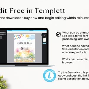 May include: A laptop screen displaying a colorful summer fair flyer with the text "SUMMER FAIR" and "HOPE COMMUNITY CHURCH". The flyer is designed in Templett, an online editing platform. The text "Edit Free in Templett" is displayed above the laptop.