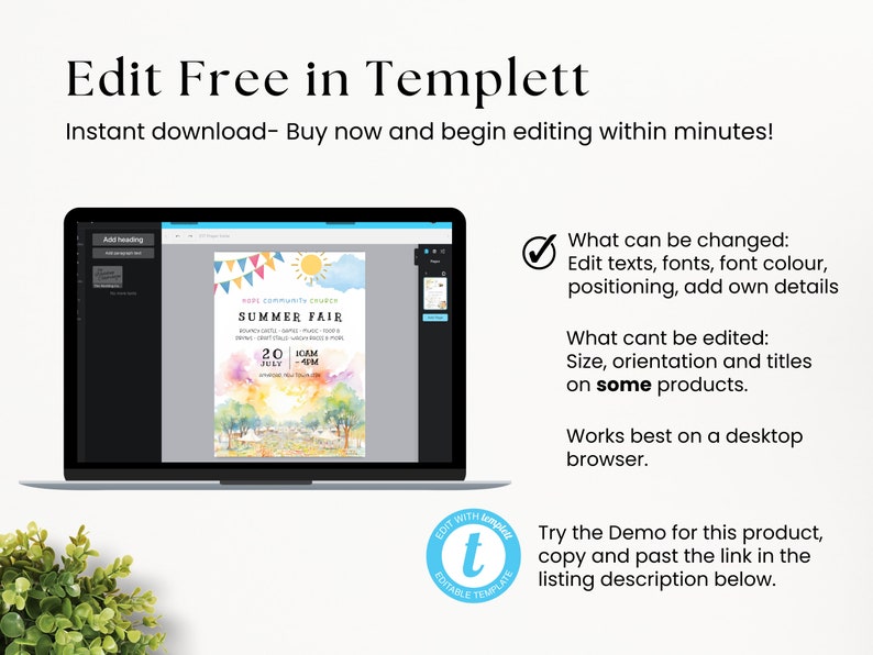 May include: A laptop screen displaying a colorful summer fair flyer with the text "SUMMER FAIR" and "HOPE COMMUNITY CHURCH". The flyer is designed in Templett, an online editing platform. The text "Edit Free in Templett" is displayed above the laptop.