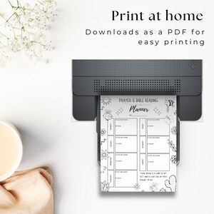 May include: A printable PDF planner for prayer and bible reading. The planner has a black and white design with a bee, sun, and cactus. The text on the planner says "Prayer & Bible Reading Planner" and "Your word is a lamp to my feet, and a light for my path. Psalms 119:105".