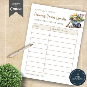 Gardening Day Volunteer Sign Up Form | Editable Form | Event Stationary | Church, Charity, Community, PTO PTA | Editable Template | 201