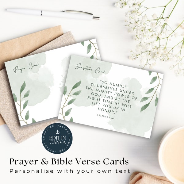 Editable Scripture Cards | Bible Verse Card | Prayer Card | Encouragement card | Bible Memory Card | Editable Template | Green Leaves | 134