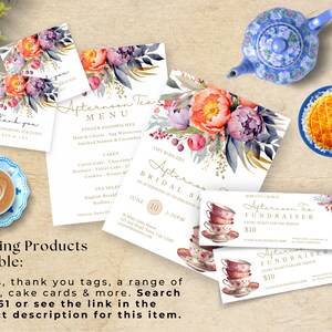 May include: A set of printable invitations, tickets, and thank you tags for an afternoon tea fundraiser. The design features watercolor flowers in shades of pink, purple, and orange with gold accents. The text on the invitations reads "Afternoon Tea Fundraiser" and "Entry Ticket for One Person $10".