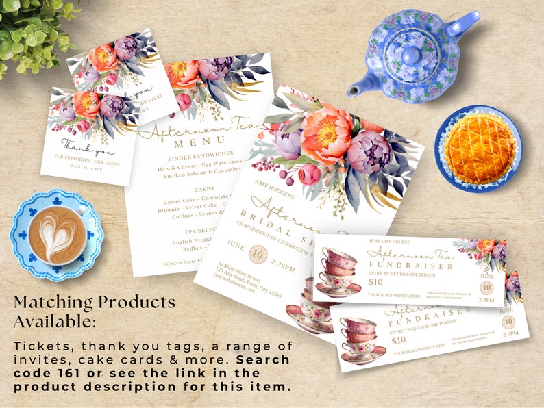 May include: A set of printable invitations, tickets, and thank you tags for an afternoon tea fundraiser. The design features watercolor flowers in shades of pink, purple, and orange with gold accents. The text on the invitations reads "Afternoon Tea Fundraiser" and "Entry Ticket for One Person $10".