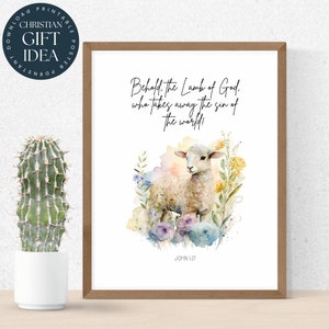 Easter Lamb Egg Printable Poster | John 1:29 Bible Verse Scripture Wall Art | Christian Easter | Watercolour | Religious Image | Flowers 149