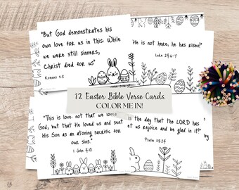 12 tarjetas con versículos bíblicos de Pascua, actividad para colorear de Pascua, manualidades para niños imprimibles, diversión para la escuela dominical, actividades de educación en el hogar, lecciones bíblicas, decoración