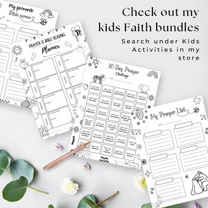 May include: Three printable worksheets for kids to use for prayer and bible reading. The worksheets feature a prayer planner, a 30-day prayer challenge, and a prayer list. Each worksheet has a fun, colorful design with illustrations of animals and other objects.