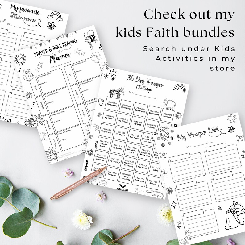 May include: Three printable worksheets for kids to use for prayer and bible reading. The worksheets feature a prayer planner, a 30-day prayer challenge, and a prayer list. Each worksheet has a fun, colorful design with illustrations of animals and other objects.