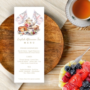 Englisch Nachmittagstee Menü Vorlage | Bearbeitbares High Tea Menü | Printable Tea Party Menü | PTA PTO, Brautparty, Babyparty, Gartenparty | 219