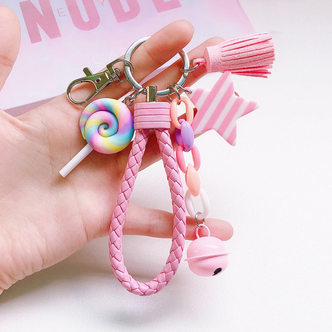 Lovely Cute Kawaii Rainbow Keychain Leather Strap Braided Rope Etsy