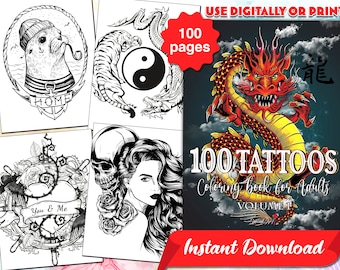 100 Tattoo Coloring Pages: Adult Coloring Book (Printable PDF)