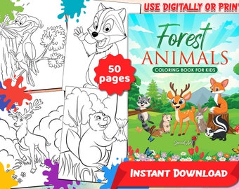 Forest Animals Coloring Book: 50 Cute Pages for Kids (Printable PDF)