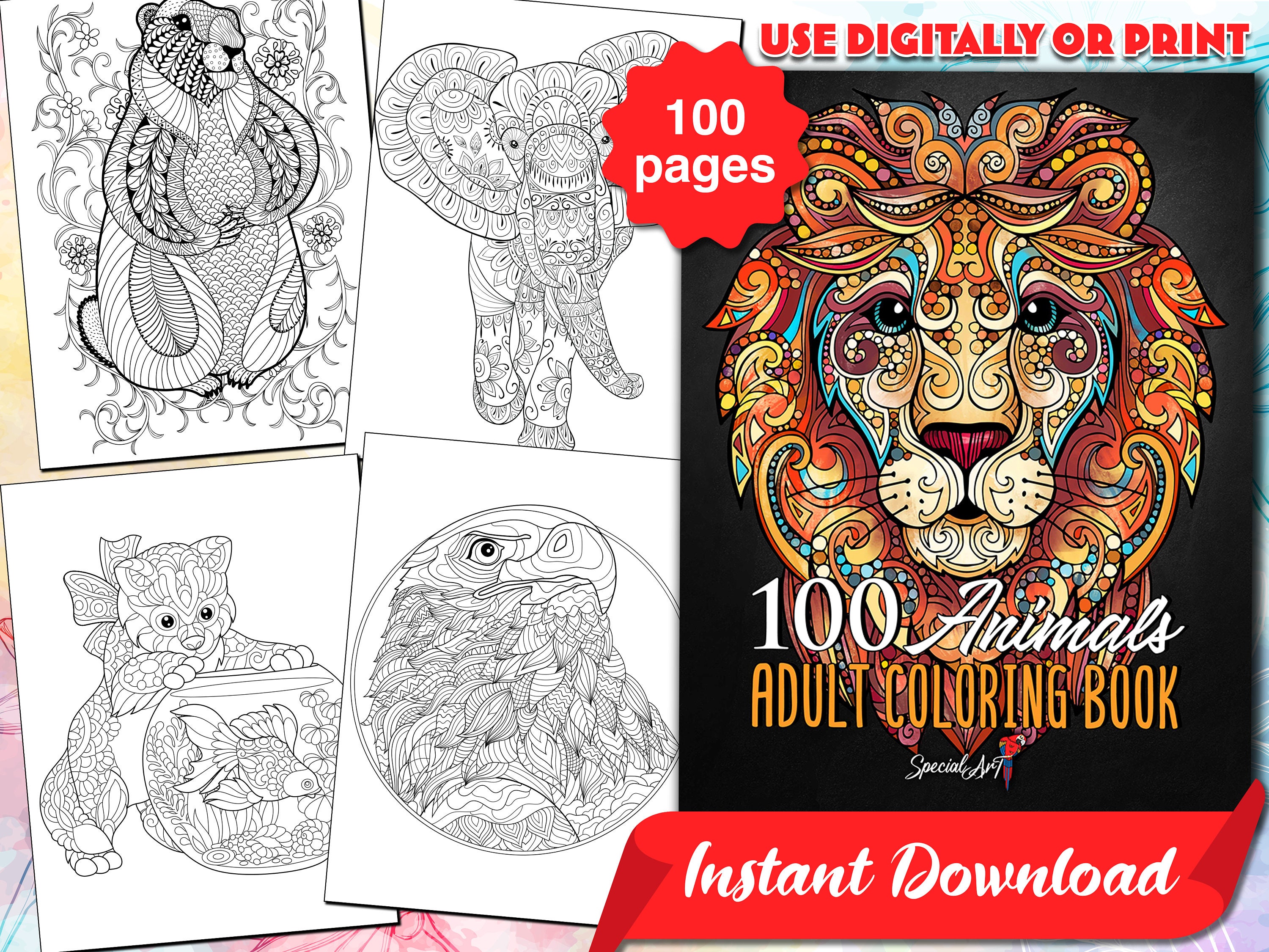 Adult Relaxation Coloring Book 200 Animals: Stress Relieving Animal Designs  200 Animals designs with Lions, dragons, butterfly, Elephants, Owls, Horse  (Paperback)