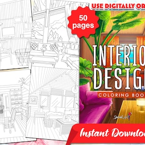 May include: A coloring book cover with the title "Interior Design Coloring Book" in white text on a red and orange background. The cover features a colorful illustration of a living room with a couch, a table, and a lantern. The text "Use Digitally or Print" and "50 pages" are also visible on the cover.