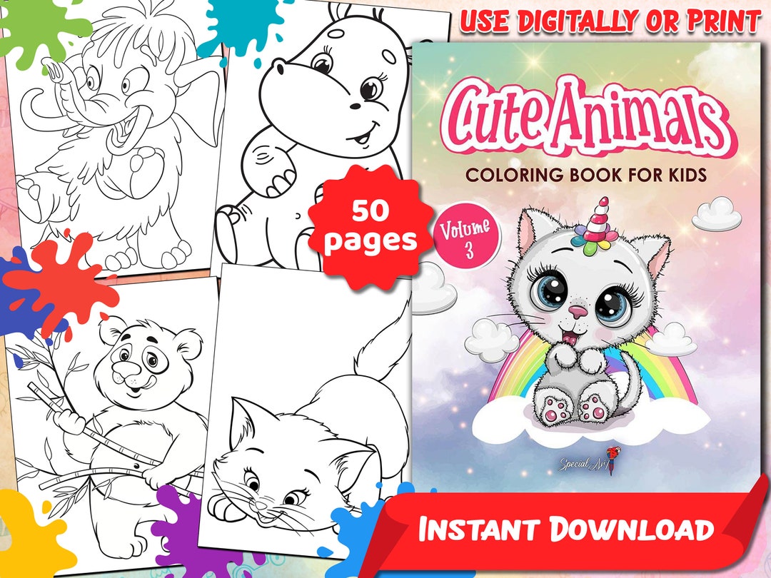 Cute Animals Coloring Book: 50 Printable Pages for Kids (PDF) - Etsy