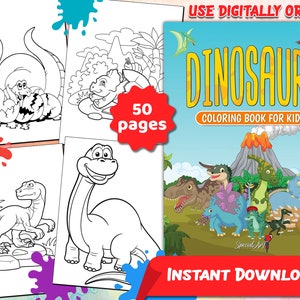Dinosaurs: A Coloring Book with 50 Beautiful and Jurassic Coloring Pages for Kids Ages 4-8 (Printable PDF / Instant Download)