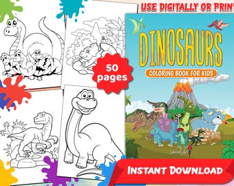 Puede incluir: Un libro para colorear para niños con dinosaurios. La portada muestra una variedad de dinosaurios en un entorno de jungla con un volcán en el fondo. El libro tiene 50 páginas y está disponible para descarga instantánea.