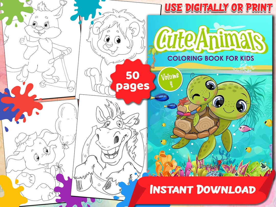Cute Animals Coloring Book: 50 Printable Pages for Kids (PDF) - Etsy
