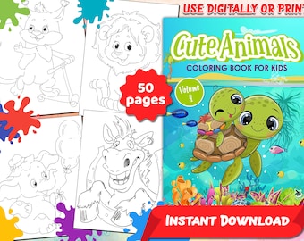 Cute Animals Coloring Book: 50 Printable Pages for Kids (PDF)