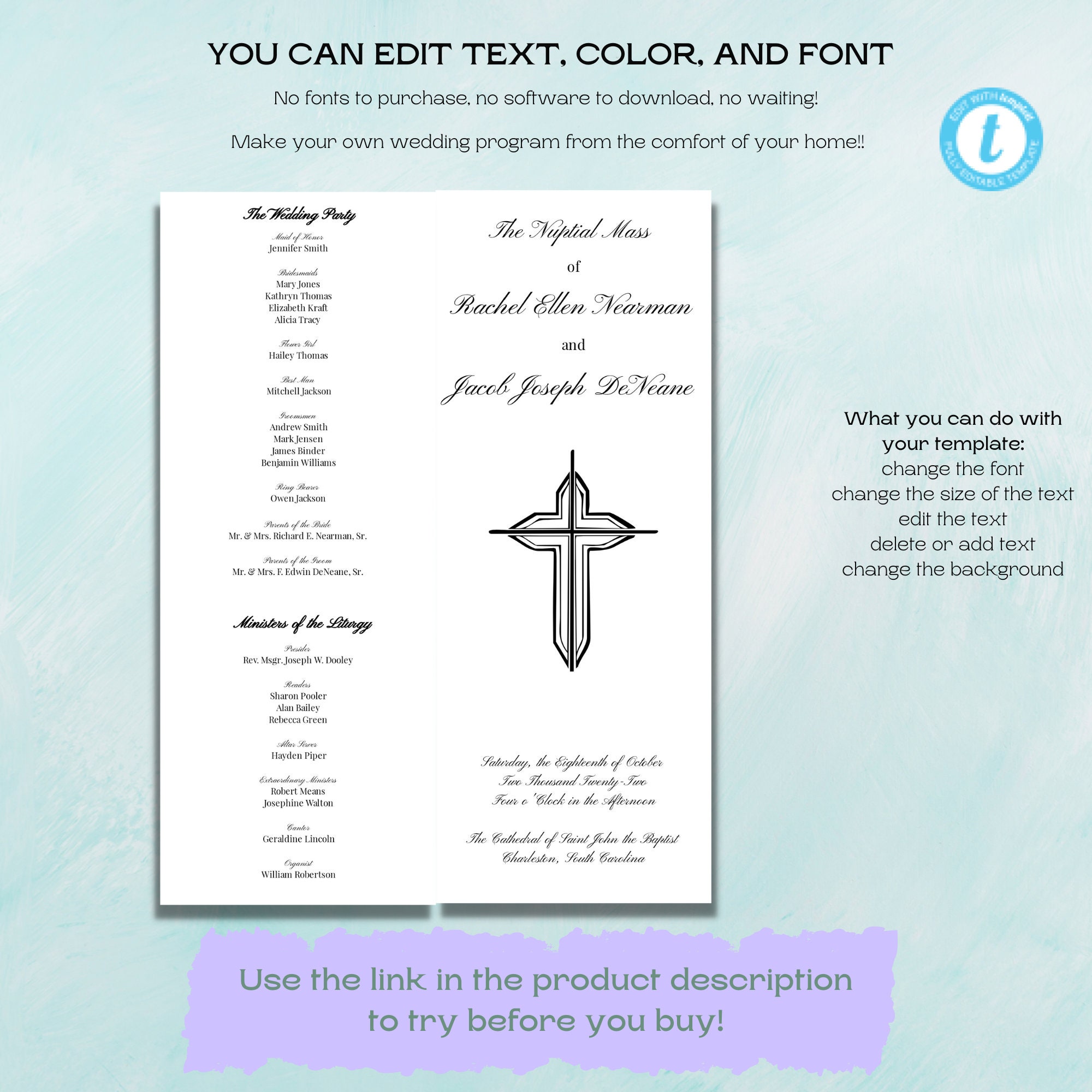 Traditional Printable Catholic Wedding Mass Program Template - Etsy