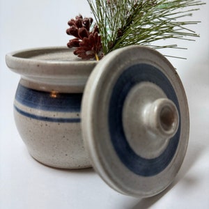 May include: A ceramic jar with a lid, both decorated with blue stripes on a white background. The jar has a speckled, beige finish. The lid has a knob on top. A sprig of pine with red berries is resting on top of the jar.