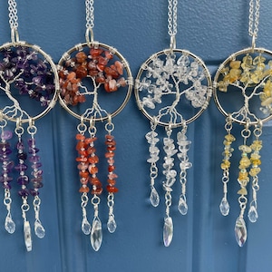 Mini Natural Crystal Gemstone Chip Tree of Life Suncatcher - Handmade, Ornament, Rear View Mirror, Dreamcatcher, Wall Decor, Window, Gift