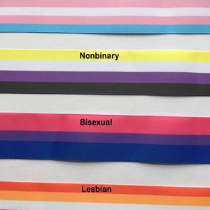 以下が含まれることがあります： 「トランスジェンダー」「ノンバイナリー」「バイセクシュアル」「レズビアン」という文字が書かれた、4種類のプライドリボンデザイン。