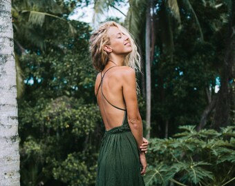 Flowy Boho Bali Summer Dress | Bohemian Hippie Maxi Dress with Split | Bridesmaid and Wedding Dress | Olive Dark Green | Handmade from Bali