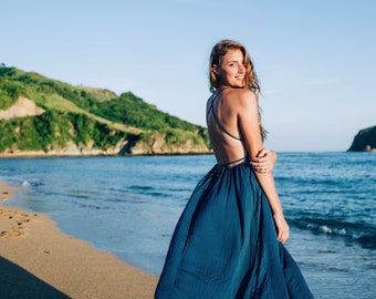 long flowy blue dress