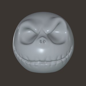 May include: A 3D printed model of Jack Skellington's face from the movie The Nightmare Before Christmas. The model is made of a light gray plastic and has a detailed sculpt of Jack's face, including his eyes, nose, and mouth.