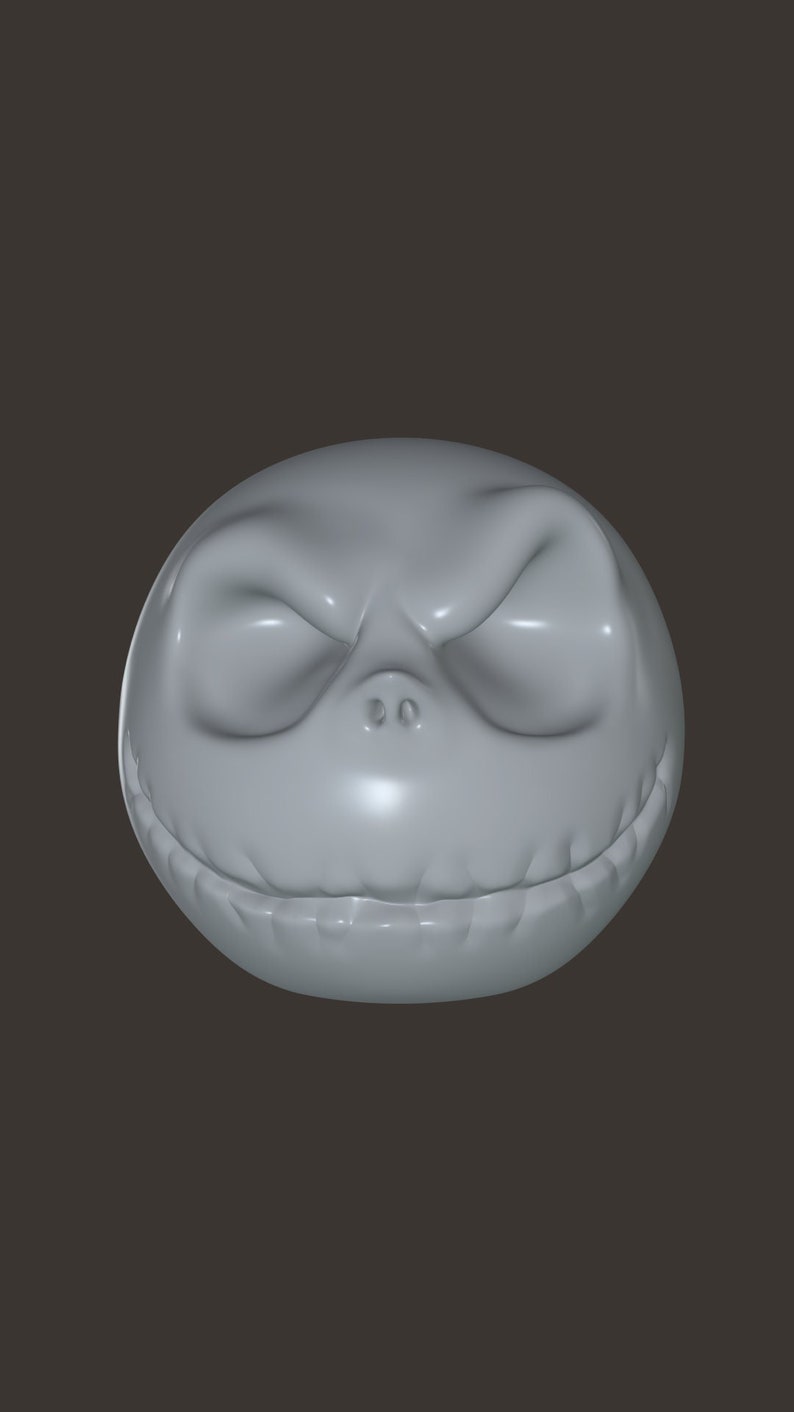 May include: A 3D printed model of Jack Skellington's face from the movie The Nightmare Before Christmas. The model is made of a light gray plastic and has a detailed sculpt of Jack's face, including his eyes, nose, and mouth.