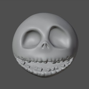 Può includere: Una scultura grigia, renderizzata in 3D, della testa di un personaggio con grandi orbite oculari vuote, un naso piccolo e un ampio sorriso con denti. Il volto del personaggio è rotondo e liscio, con una superficie leggermente strutturata. Lo sfondo è grigio.