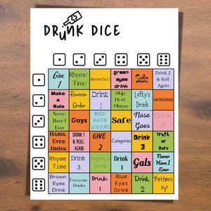 Drunk Dice drinking game great for pre-games, parties, bachelorette parties available as a digital download