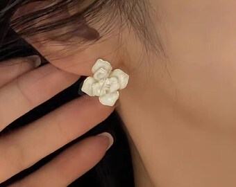 Camellia Flower Stud Earrings: Delicate Silver Floral Cluster