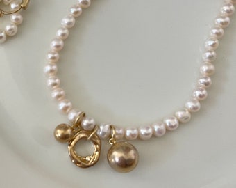 Pearl Necklace | 18ct Gold Vermeil Necklace | Charm Necklace | Matte Gold Necklace | Real Pearls  | Gift for Her