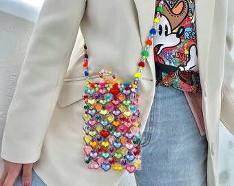 Heart Beaded Mini bag | Summer Heart Beaded Phone Pouch | Candy Beaded Mini Bag | Beaded Purse | Cross Body Mini Bag | Gift for Her