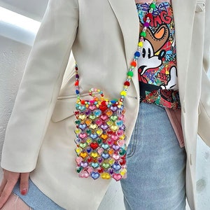 Heart Beaded Mini bag | Summer Heart Beaded Phone Pouch | Candy Beaded Mini Bag | Beaded Purse | Cross Body Mini Bag | Gift for Her